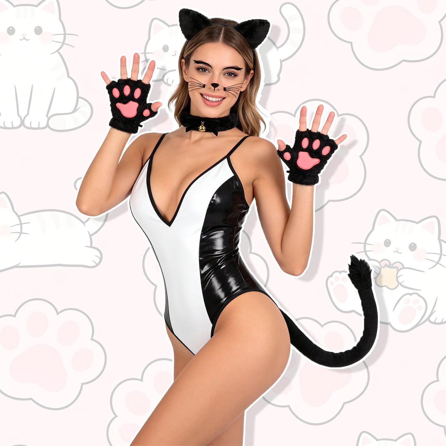 Cat Costume for Women Black Cat Ears Headband and Tail Bell Choker (image 6)