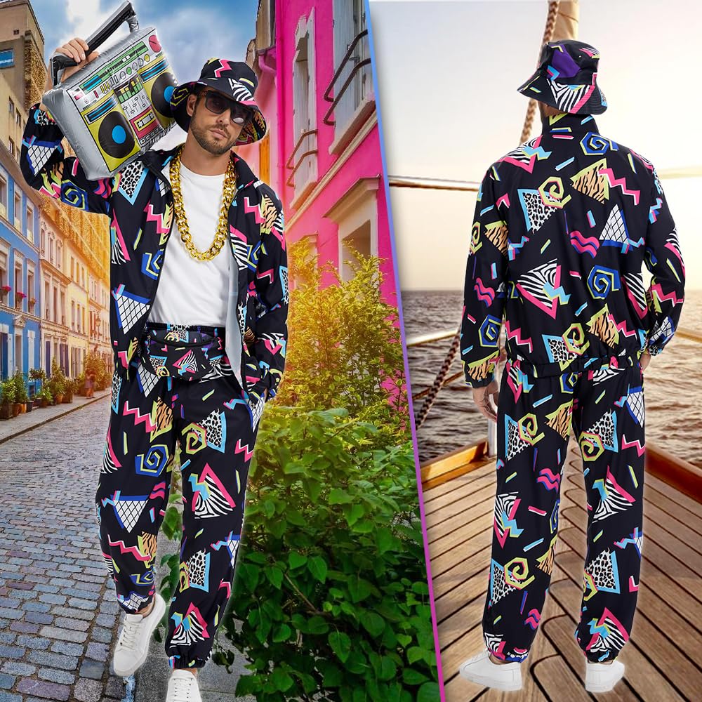 YQVGFBY 80s Outfit Men's 90s Retro Tracksuit Halloween Carnival Costume Jogging Suit Sports Suit Badass Costumes 8pcs (Black, XXL)