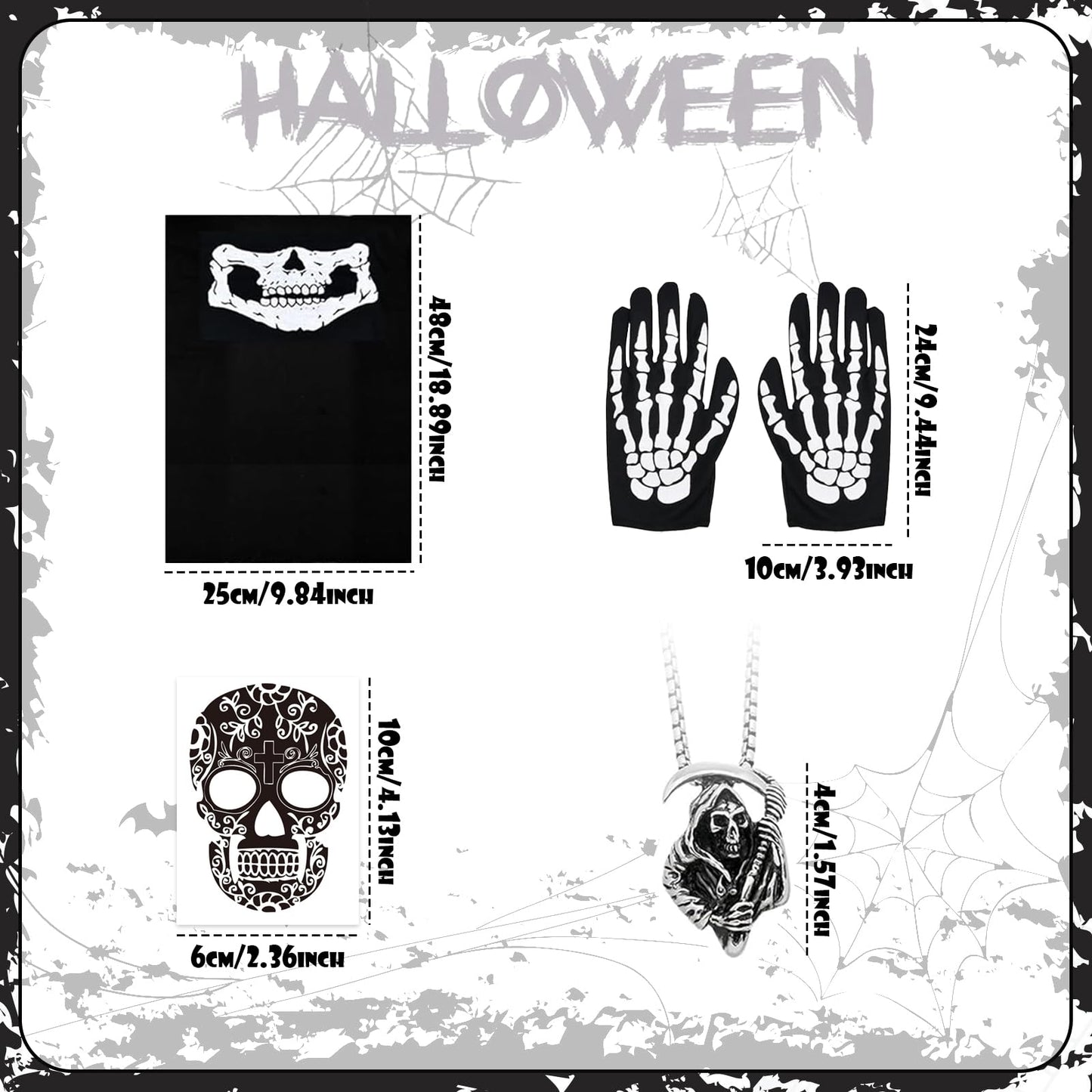 Gatwrmth 6-Piece Grim Reaper Costume Halloween Fancy Dress – Hooded Velvet Cloak with Skull Mask, Skeleton Gloves, Scythe Prop, Skull Necklace & Temporary Tattoos – One Size Fits Most Teens & Adults