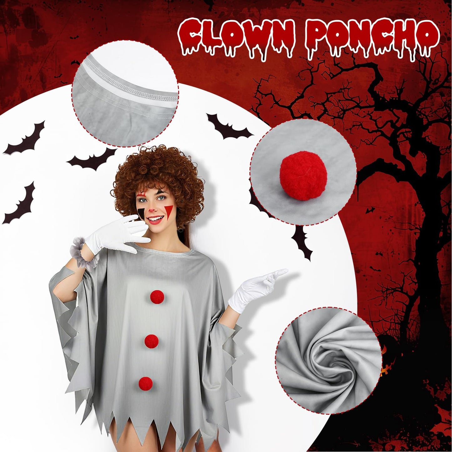Beipegin Scary Clown Costume for Adults,Clown Poncho Face Gems Gloves Hairclip Joker Costume Terrifier Dress Up Carnival Halloween