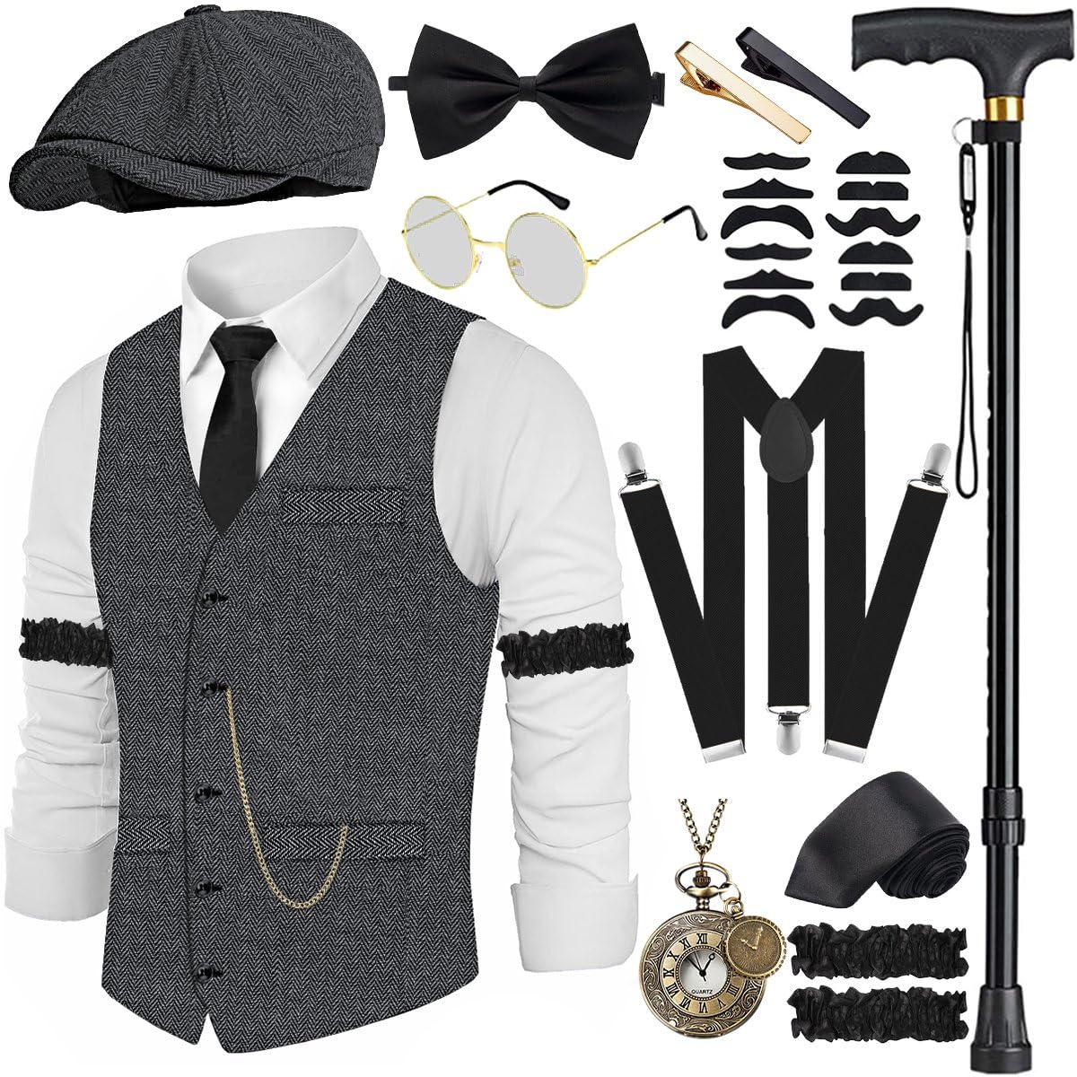 20s Costume Men's Vest with Accessories Braces - Crutch Pocket
