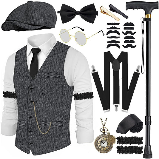20s Costume Men's Vest with Accessories Braces - Crutch Pocket