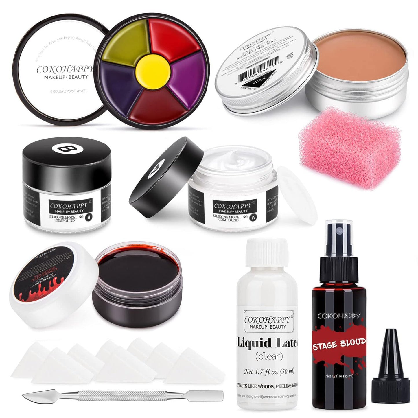 Halloween Makeup Kit SFX Makeup Kit, Spray Fake Blood Kit, Liquid Latex, Scar Wax, Silicone Modeling Compound, 6 Colors Bruise Face Body Paint for Zombie Monster Vampire