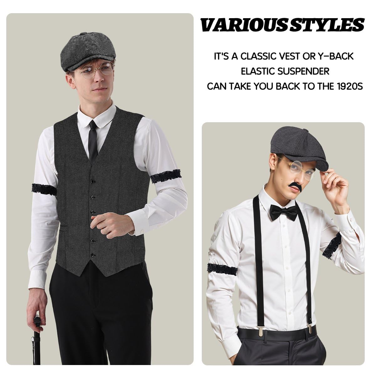 20s Costume Men's Vest with Accessories Braces - Crutch Pocket