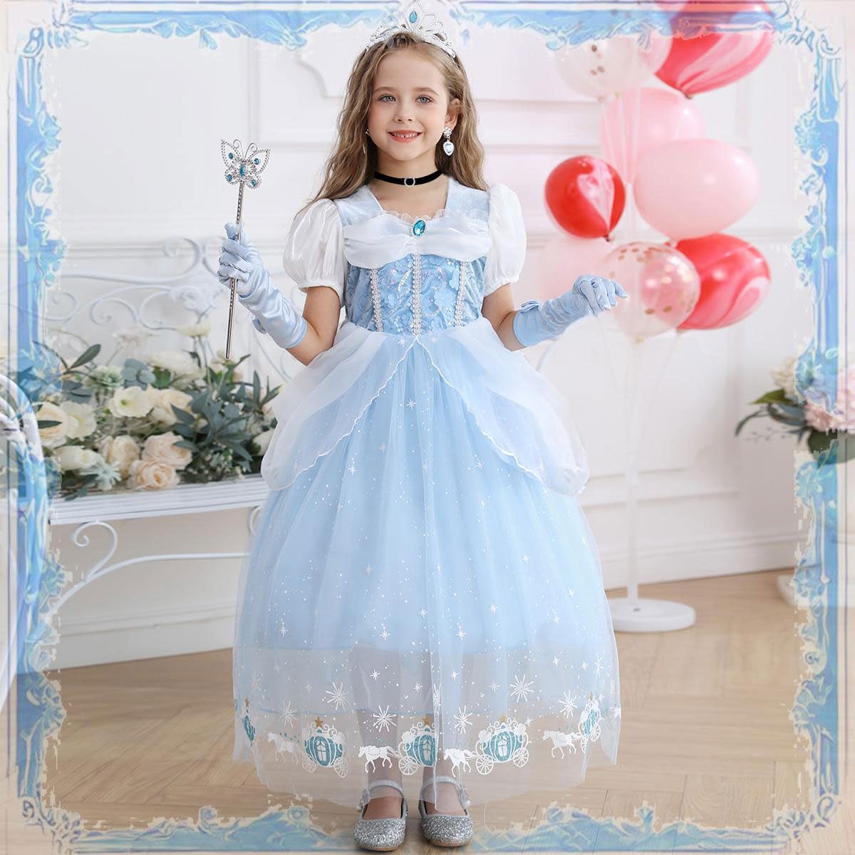 Snyemio Princess Dress for Girls Blue Costume Kids Fancy Dressing Up Tulle for Birthday Party Cosplay Outfits, 2-3 Years(Label 100)