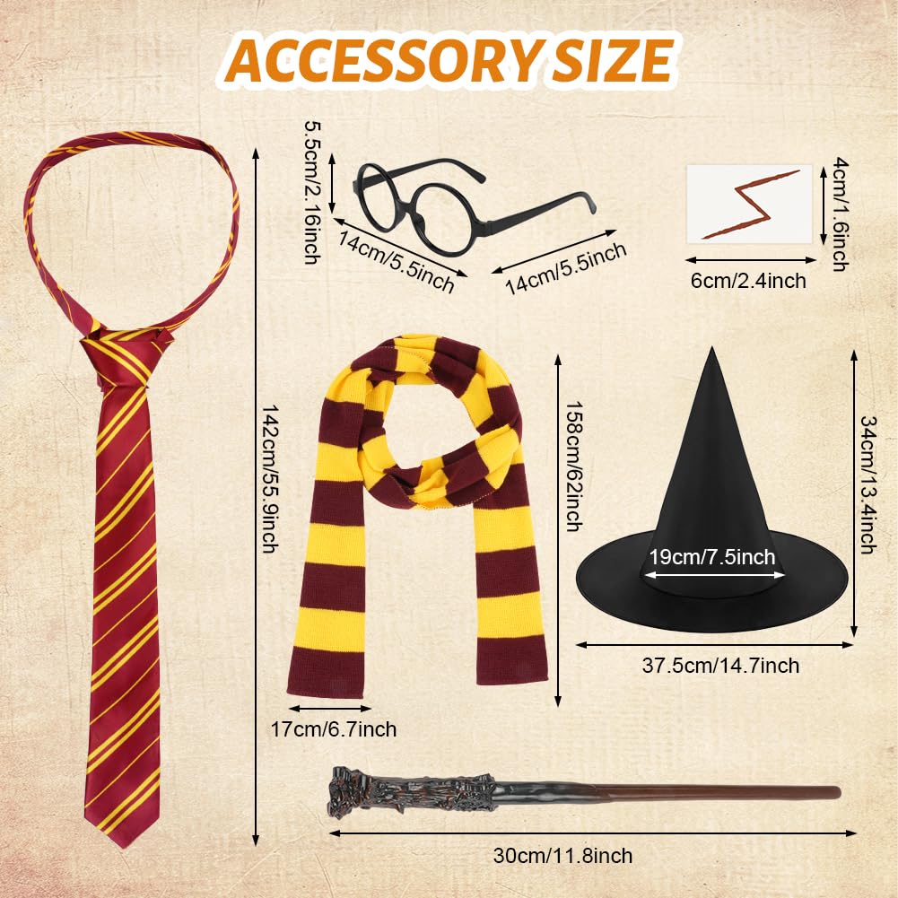AUYAO 7 Pcs Wizard Costume Wizard Outfit, Wizard Robe Wizard Fancy Dress Up Costume with Magic Wand Black Cape Scarf Glasses Tattoo Sticker Tie Hat Cosplay Outfit for World Book Day Halloween Girl Boy