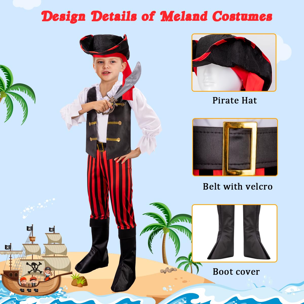 MELAND Pirate Costume Kids, Boys Girls Dress up with Pirate Hat, Boot-covers for Kids Aged 3 to 10, Fancy Dress for Kids & Toddlers Pirate Day Halloween Costumes (Black, M(5-6 Years))