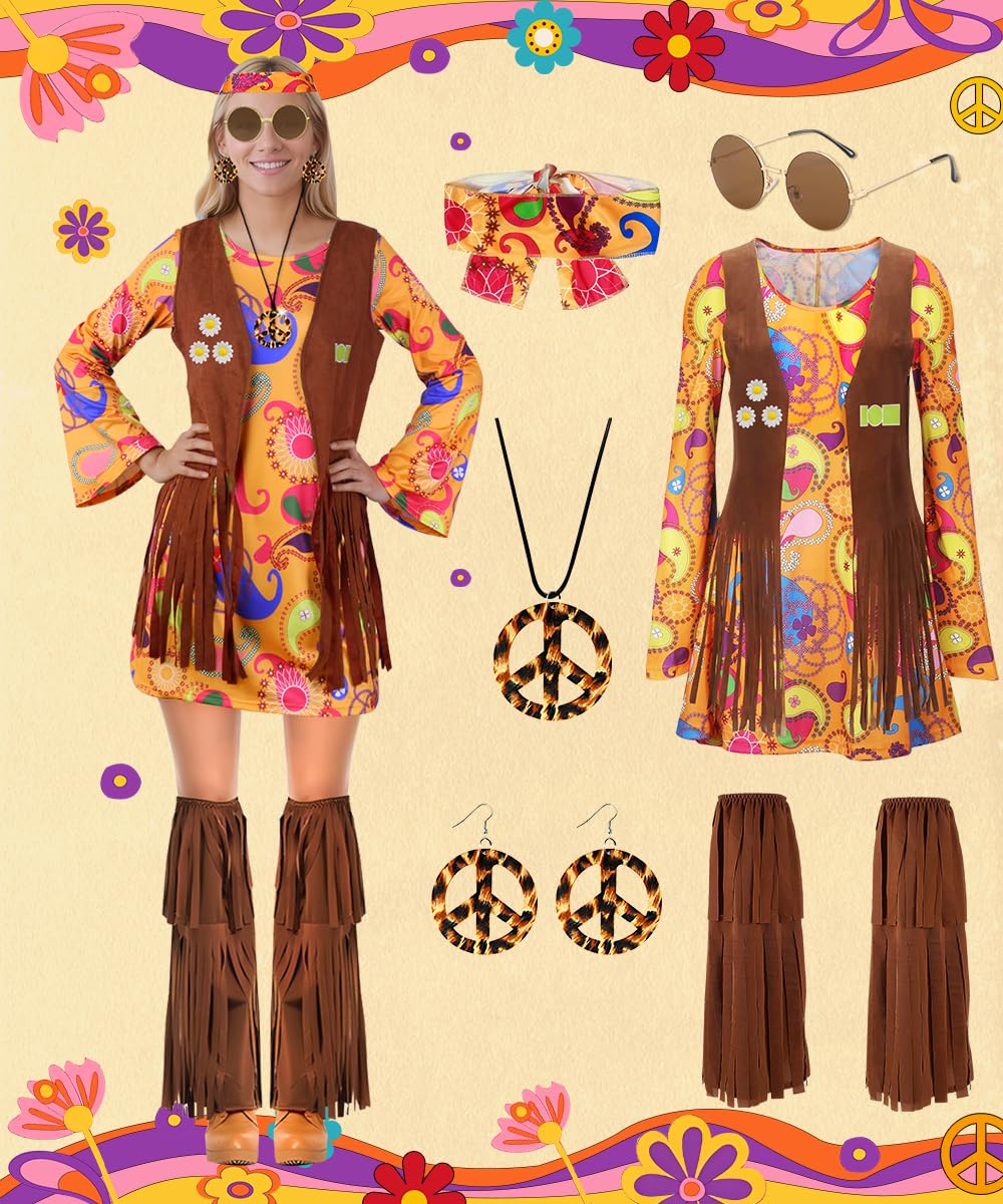 TOLOYE 70s Fancy Dress Women, Hippie Costume Outfit with Fringe Vest Boho Headband Necklace Set, 60s Disco Fancy Dress, 1970s Retro Hippie dress Hippy Clothes for Carnival Cosplay Party (L)