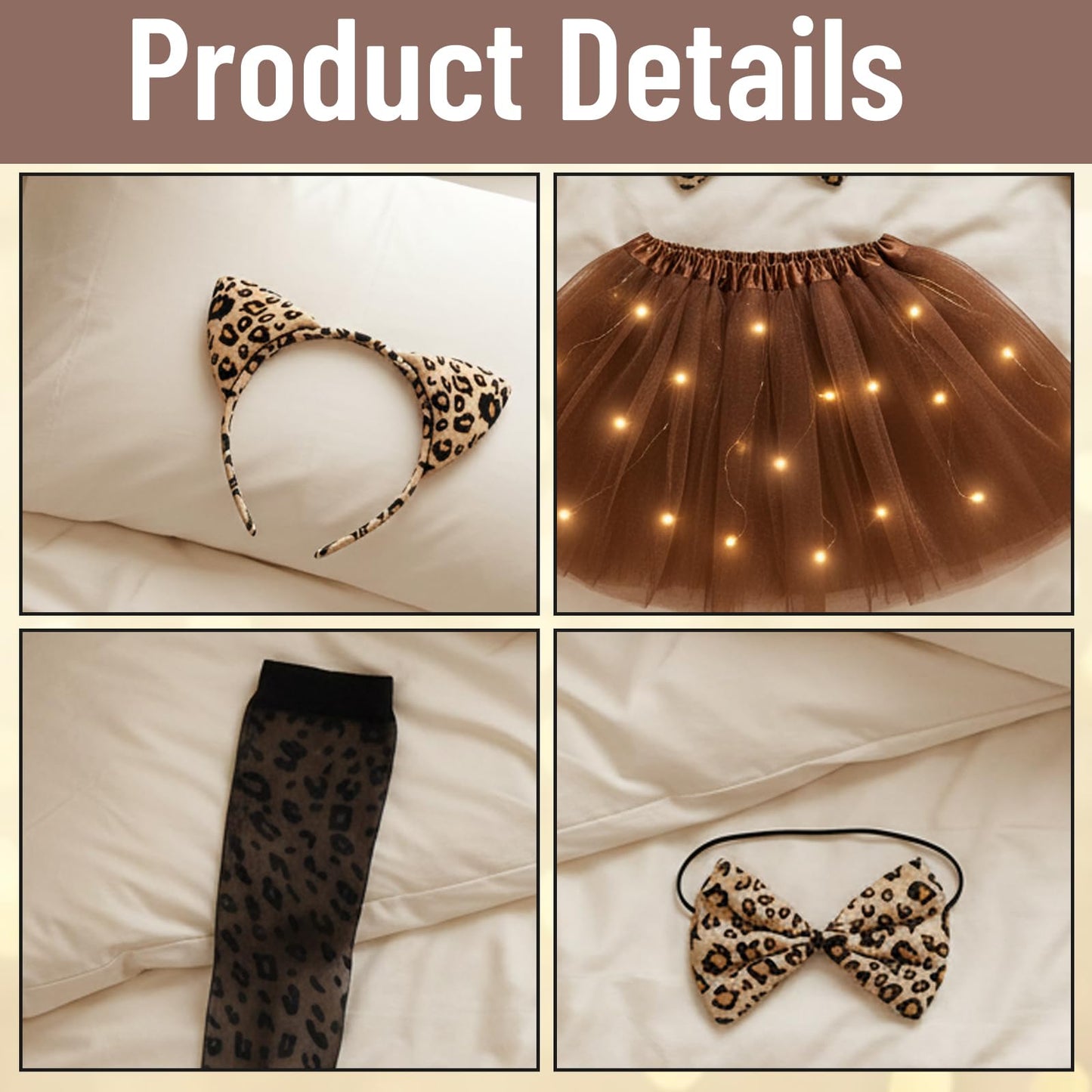 6 PCS Leopard Costume, Halloween Costumes, 5 PCS Cheetah Costume Set for Teens Adults, Leopards Ears Bow Tie Tail Tutu Stockings Stickers, Leopard Accessories for Carnival World Book Day Halloween