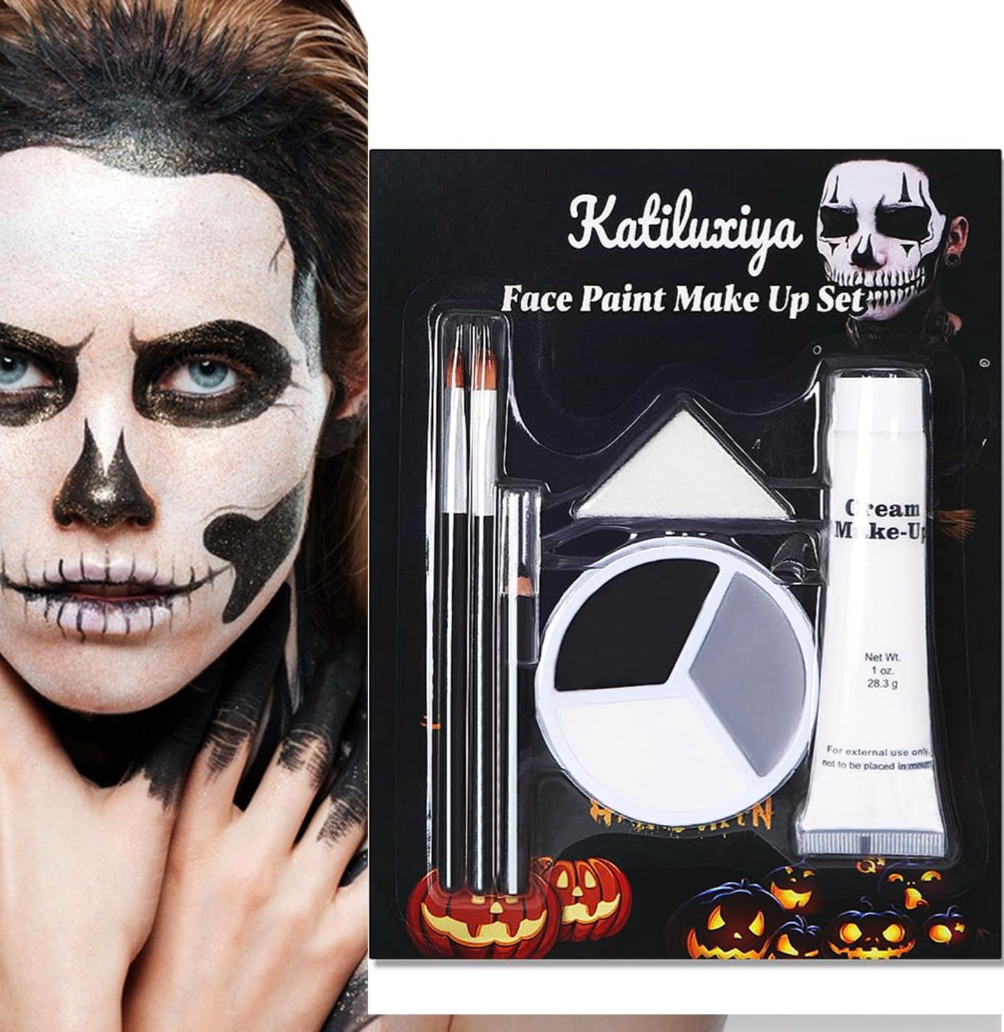 Katiluxiya Halloween Professional Grey Black White Face Paint, Face Painting Kit for Halloween Skeleton Skull, Clown Cosplay, SFX Special Effect and Theme Parties. (01, Color)