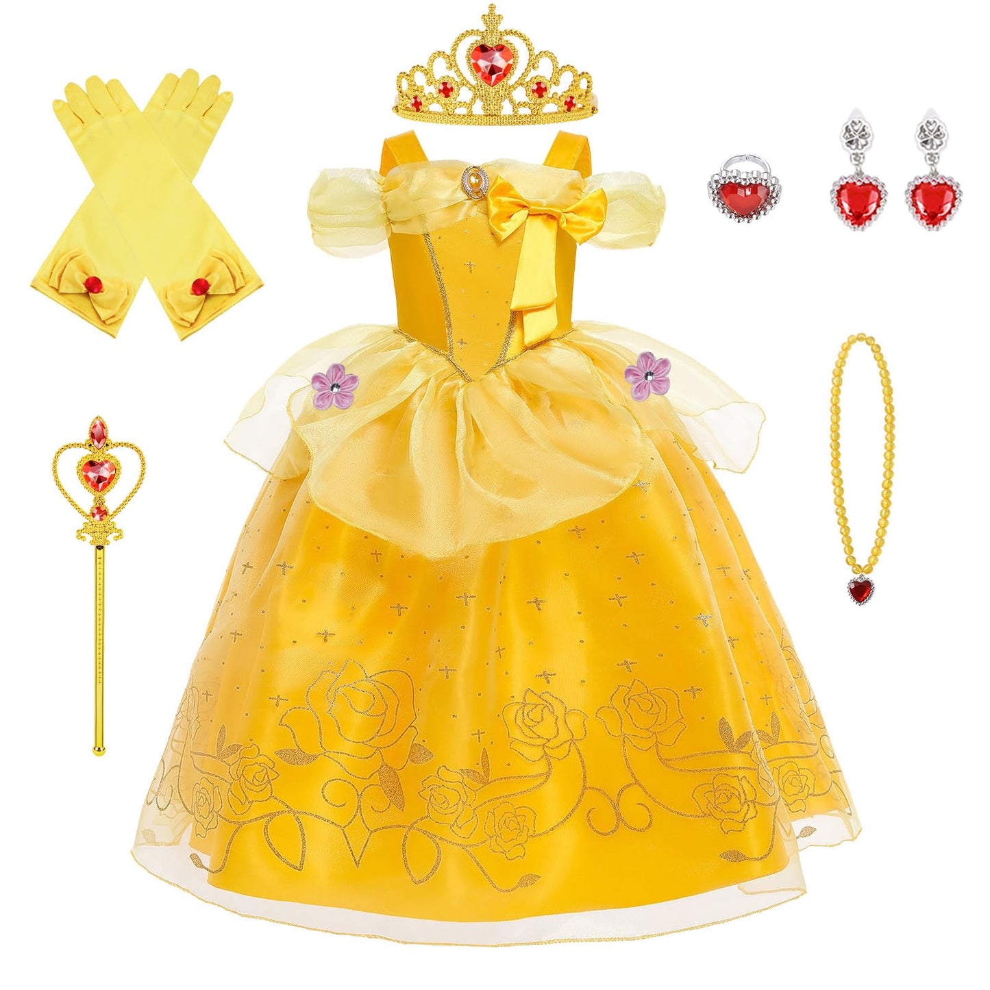 Princess Belle Costume for Girls - Long Yellow Dress Up Outfit