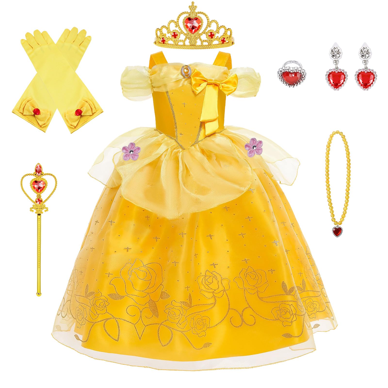 Princess Belle Costume for Girls - Long Yellow Dress Up Outfit