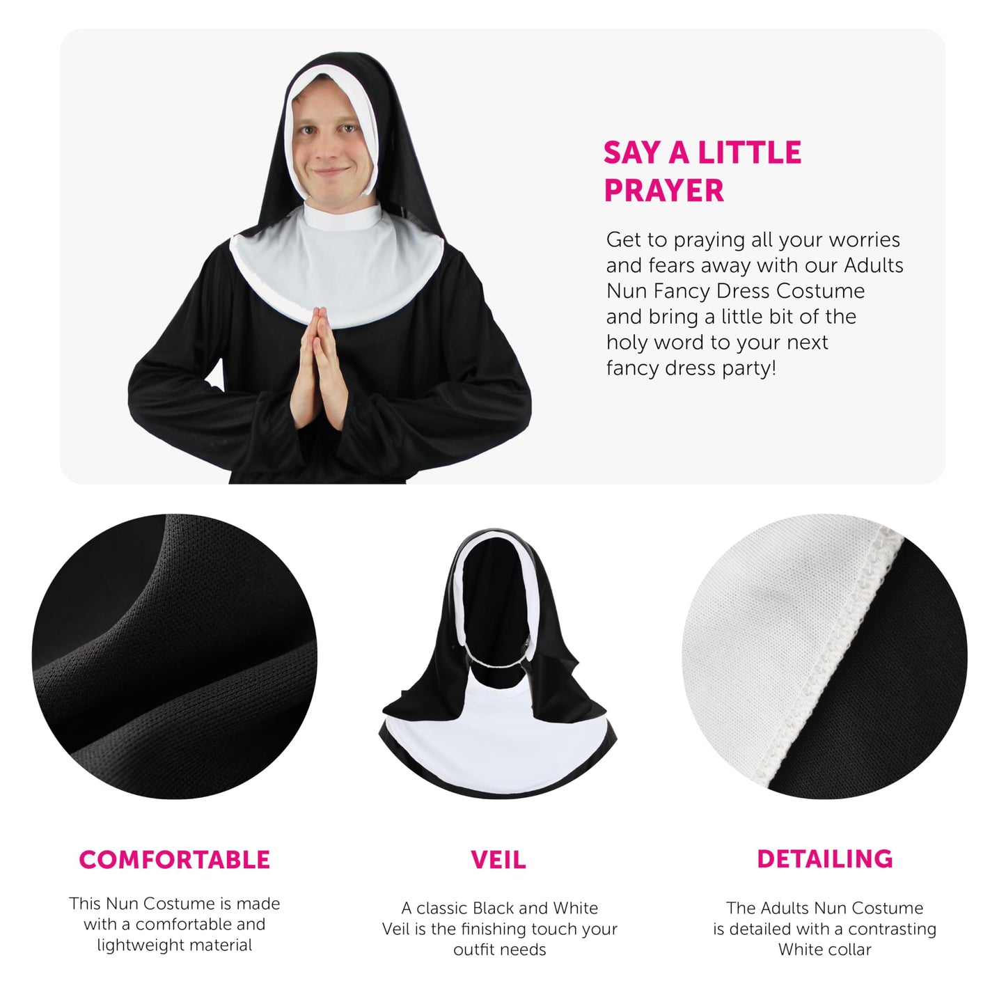 Mens Nun Costume - X-Large - Black and White Robe, Matching Headpiece, Belt and Gold Cross Necklace - Adults Funny Stag Do Religious Halloween Fancy Dress Costume
