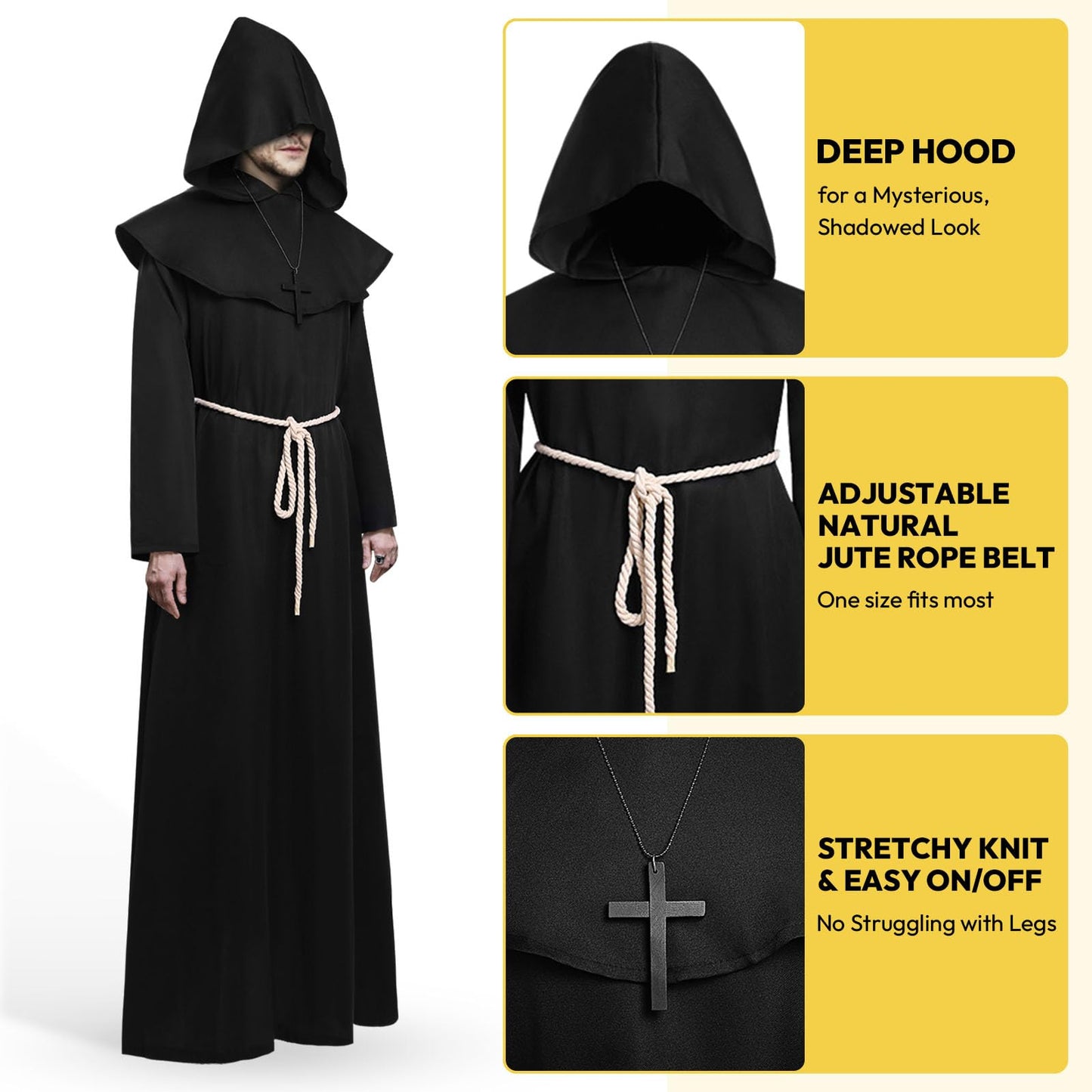 KONVINIT Halloween Monk Costume for Adult Medieval Friar Hooded Monk Black Cape Renaissance Priest Robe Mens Halloween Costumes,black L