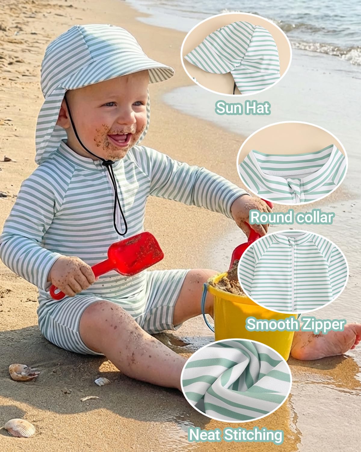 Baby Swimsuit Boy Girl Rash Vest Set 0M-3T, Long Sleeve UPF 50+ Infant Swimming Costume with Hat, Zipper Toddler One Piece Rash Guard Swimwear, Green Stripe 1-2 Years