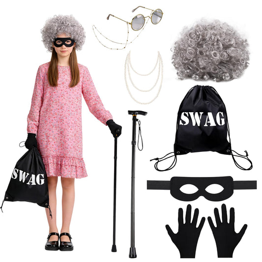Gangster granny costume set with grey wig, eye mask and accessories