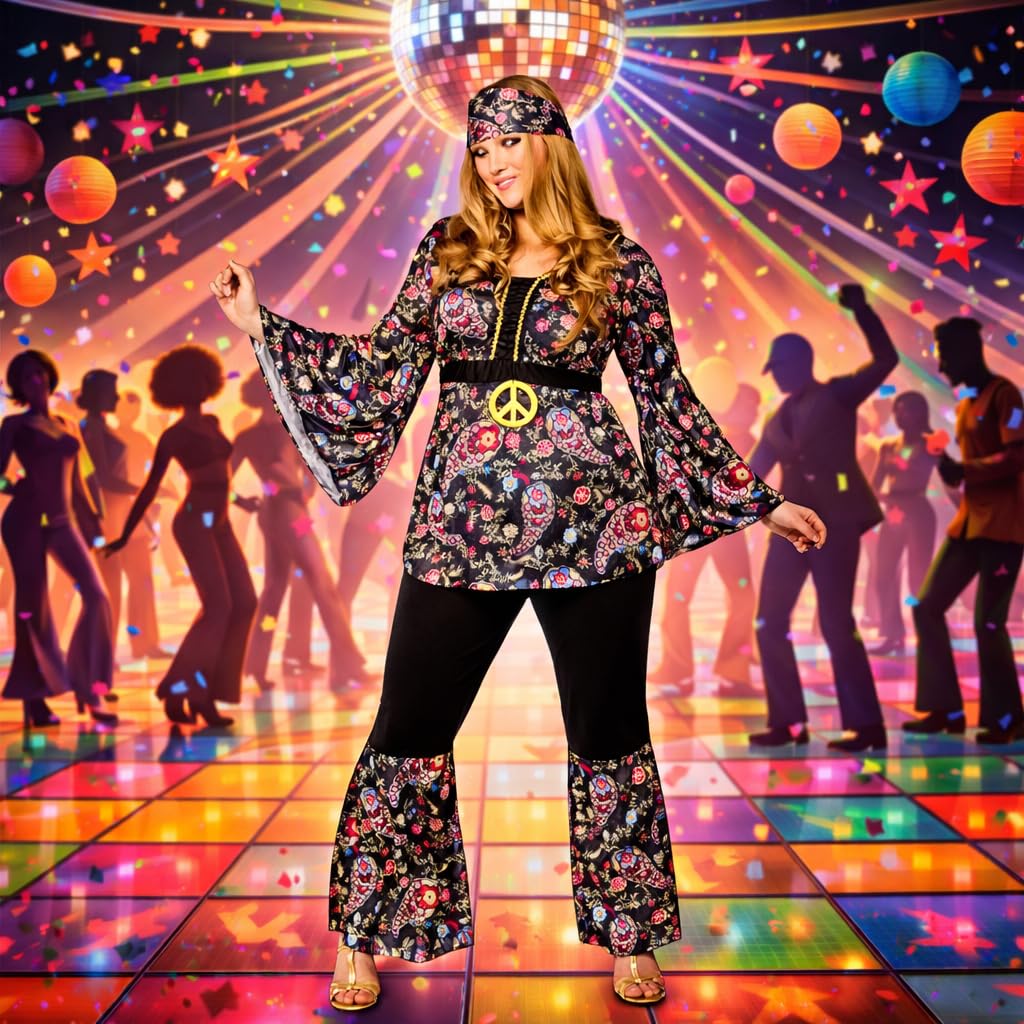 Wicked Costumes Adult Womens Peace Lovin Hippie Fancy Dress Costume 1970s Flower Power Outfit for Halloween Disco Party Medium (UK 14-16)