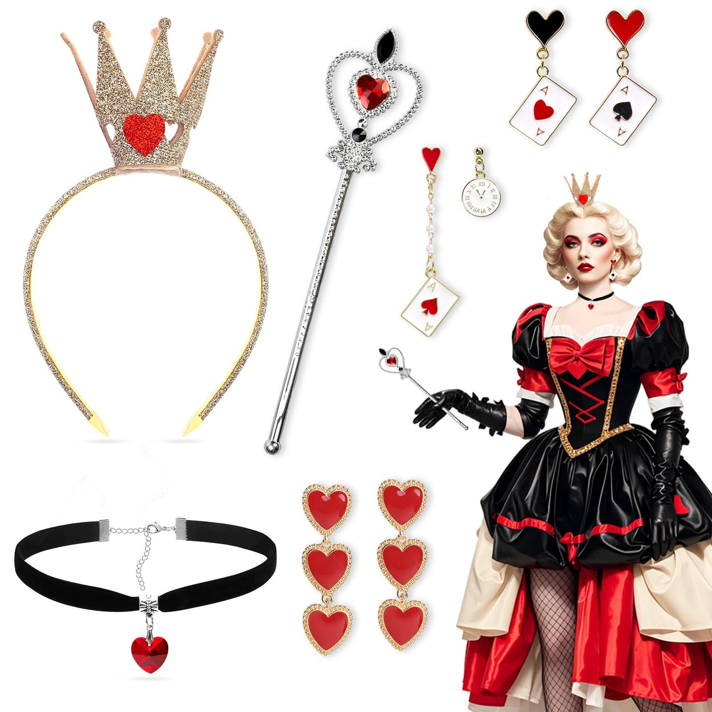 9 PCS Red Heart Queen Costume Set with Wand Headband Choker Necklace Earrings for Girls and Women - Cosplay Carnivals World Book Day Dress Up Accessories
