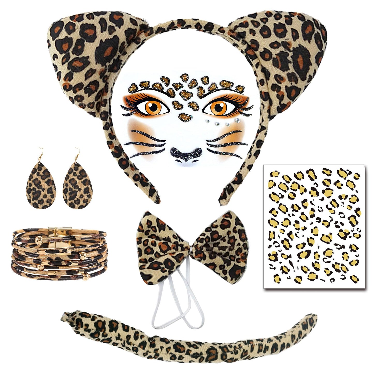 Leopard Print Costume Set - Leopard Face Art Sticker Ear Headband
