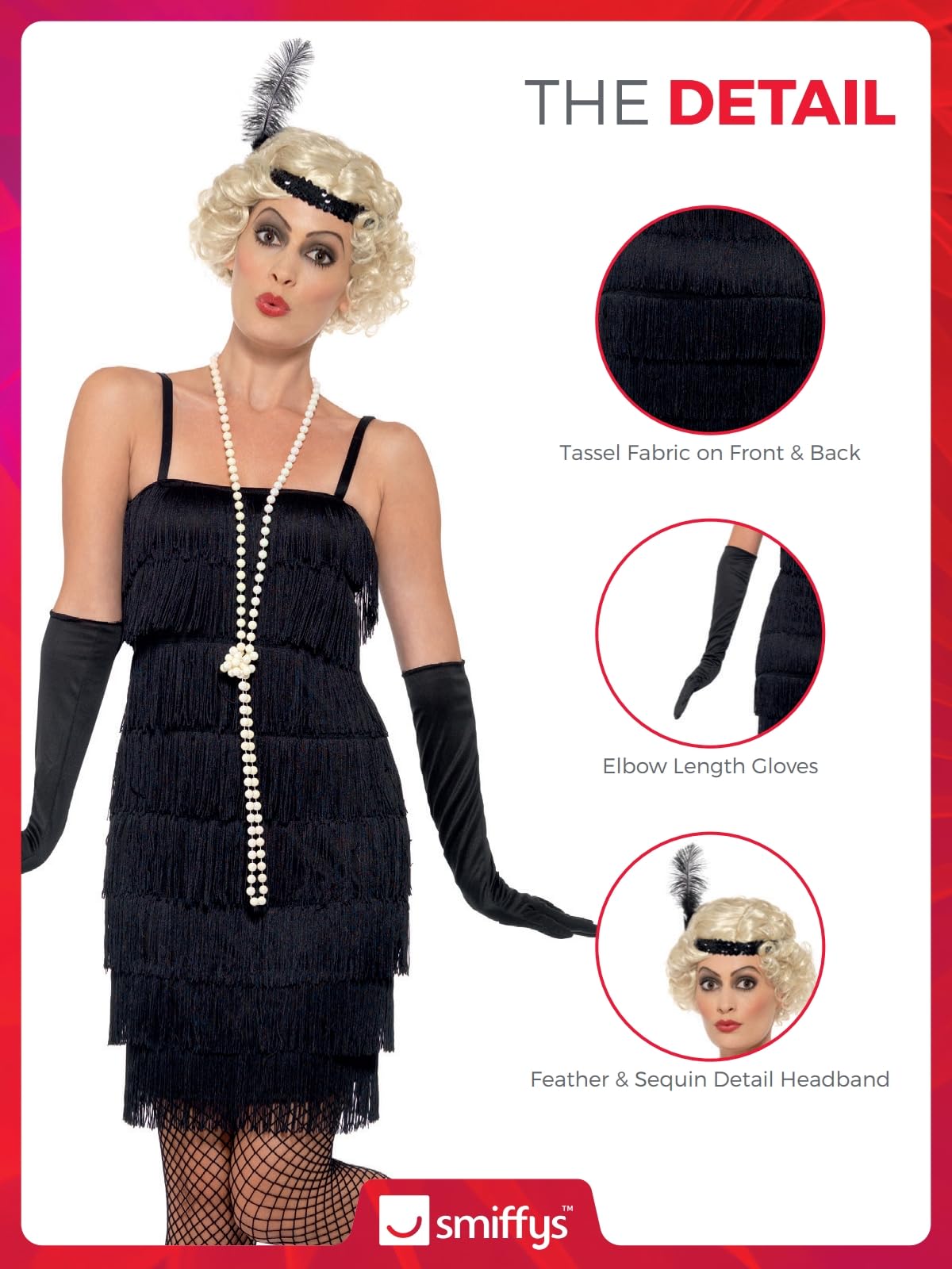 Flapper Costume - Black with Short Dress - Headband & Gloves (image 3)