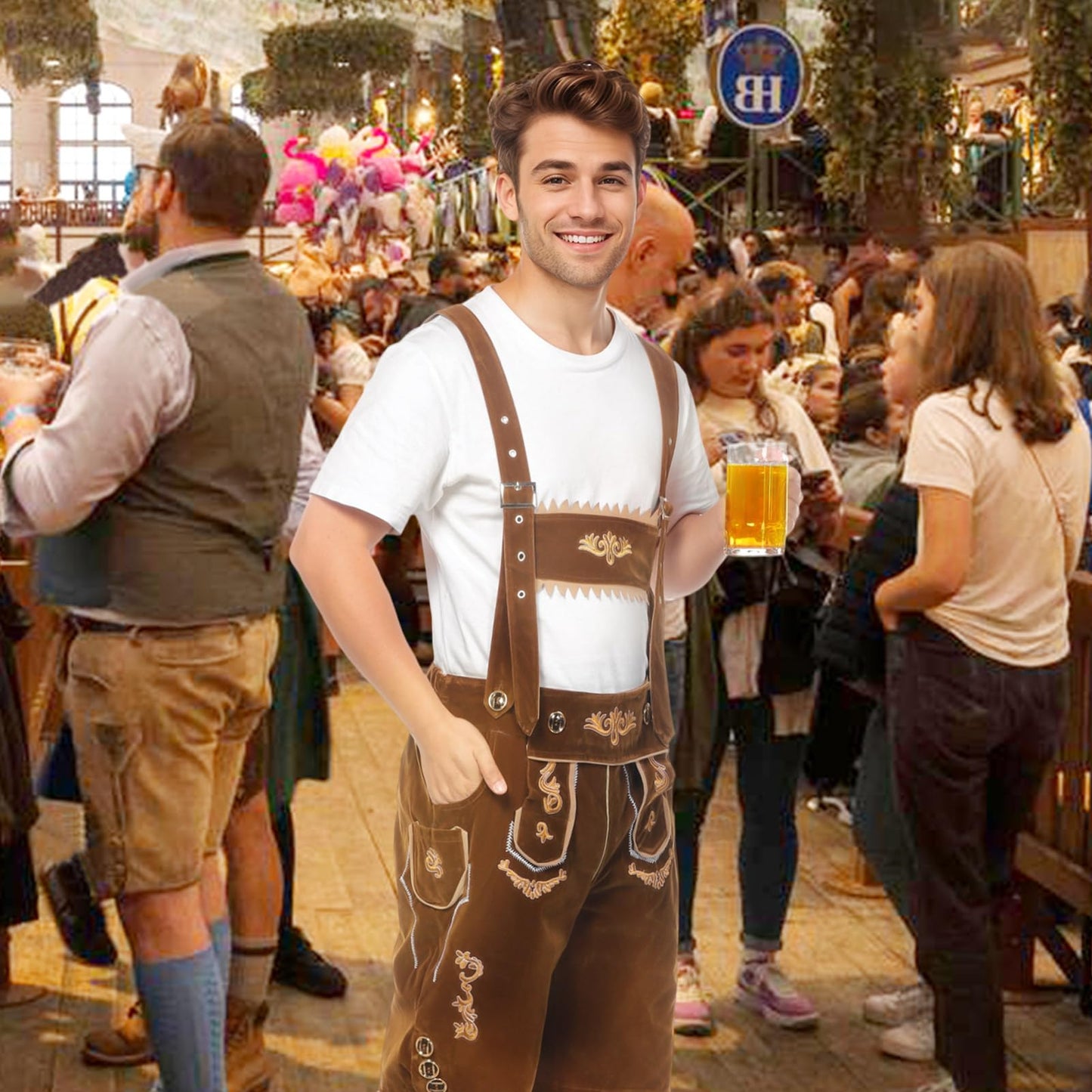 Joyesplay Lederhosen Men Oktoberfest Costume,Bavarian Outfit with Lederhosen Shorts＆Socks for Festivals Celebrations Adult Mens (Brown, XL)