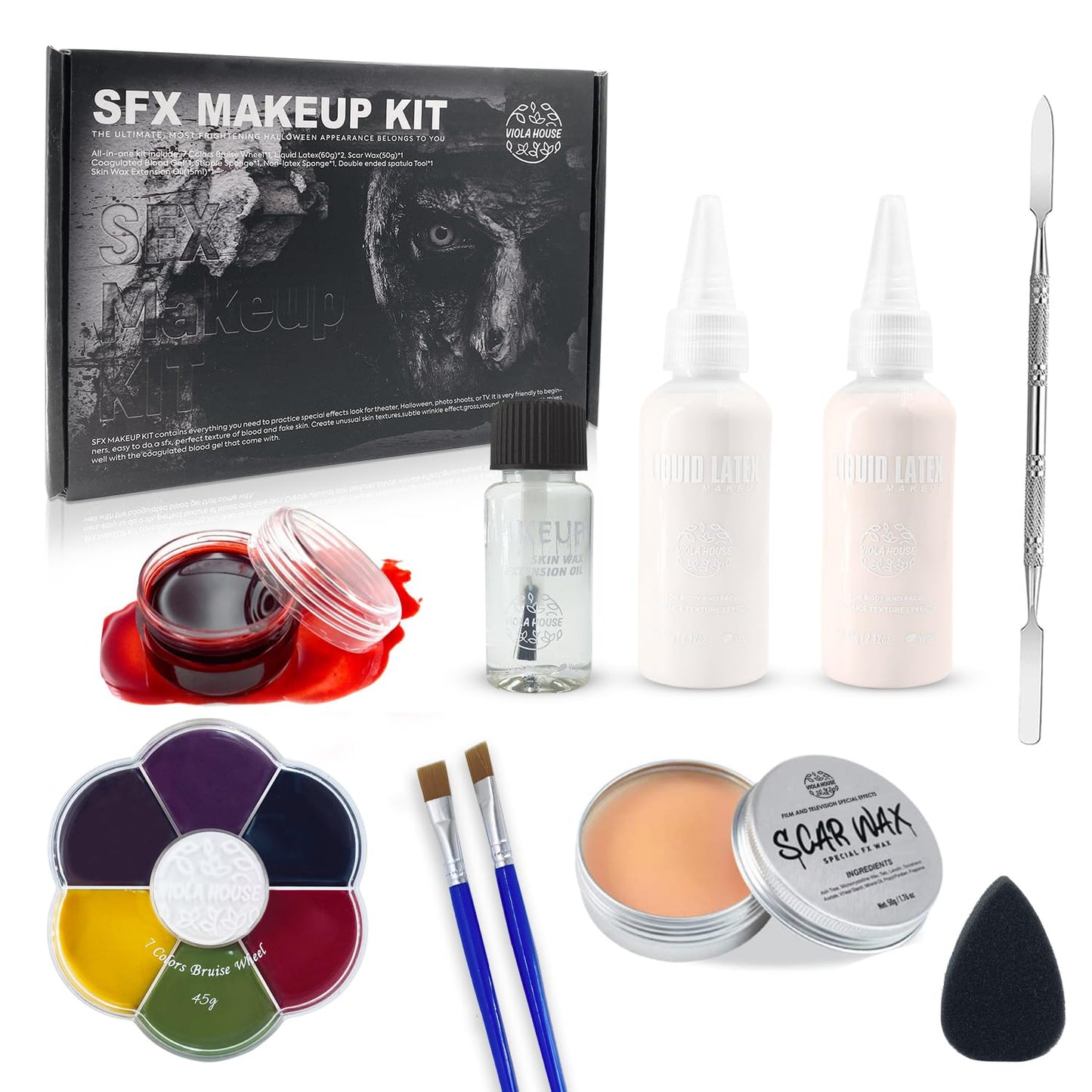 VIOLA HOUSE Halloween Special Effects Makeup, Christmas New Year Gift, 7 Colours Bruise Wound Face Body Paint + Scar Wax + Scar Oil + Liquid Latex + Fake Blood + Spatula + Stipple Sponge + Brush.