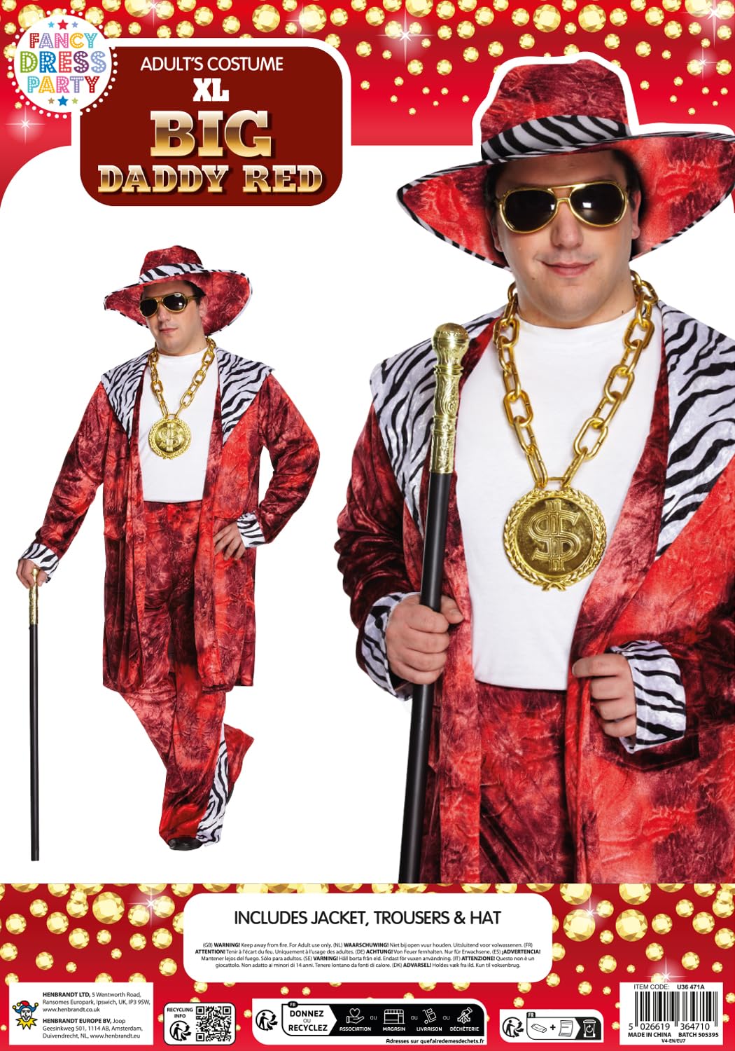 Adult Men's XL Red Velvet Suit with Zebra Print Detail and Matching (image 6)