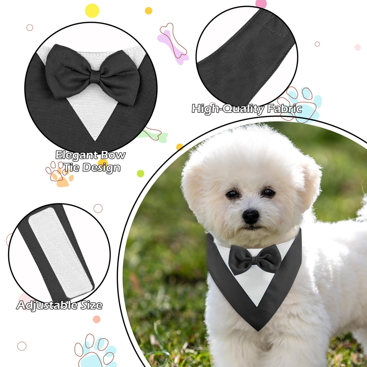 Dog Tuxedo Bandana with Bow Tie - Adjustable Formal Pet Outfit