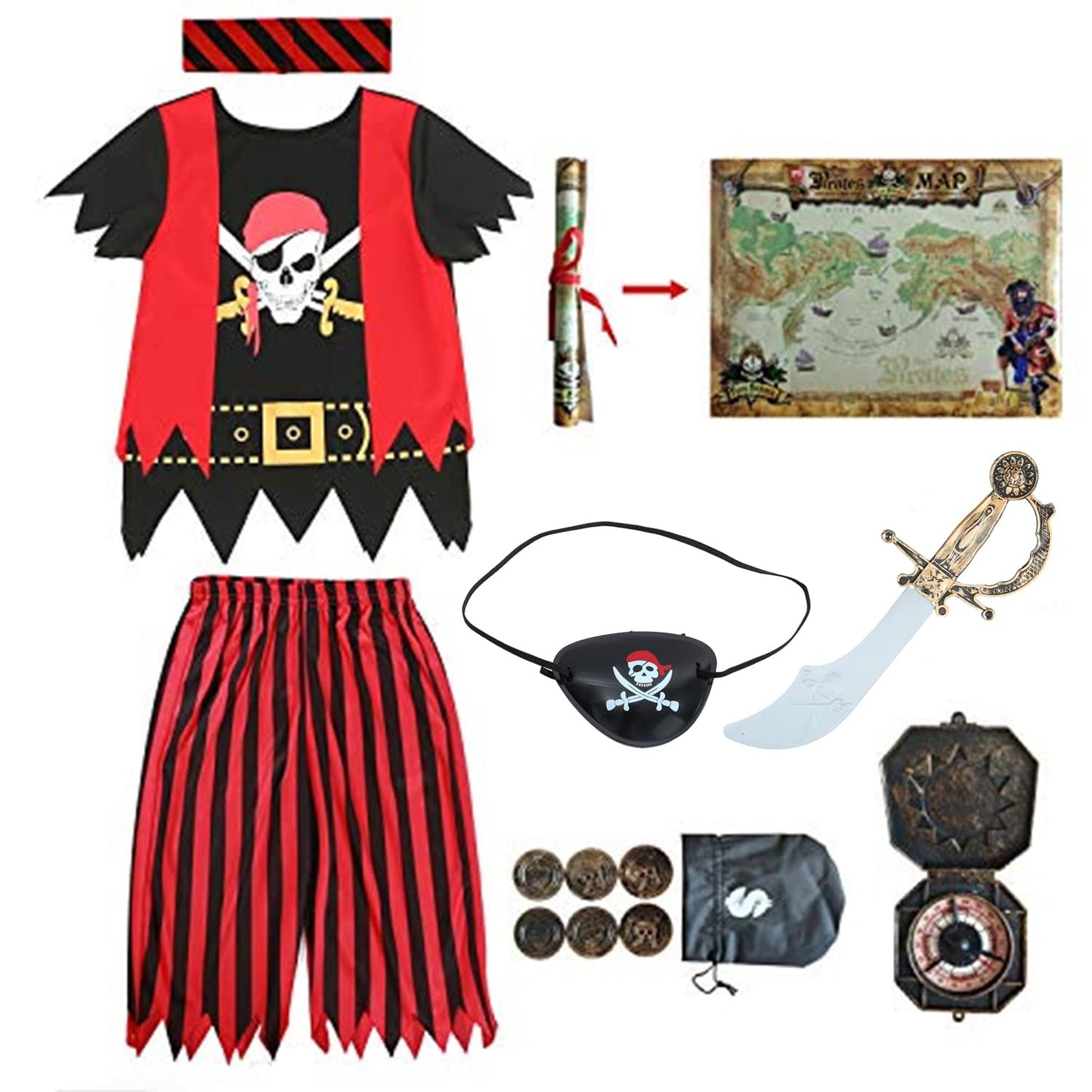 Kids Pirate Costume,Pirate Role Play Dress Up Completed Set 8pcs for Kids Size 3-4,5-6,7-8,8-10 (5-6years)