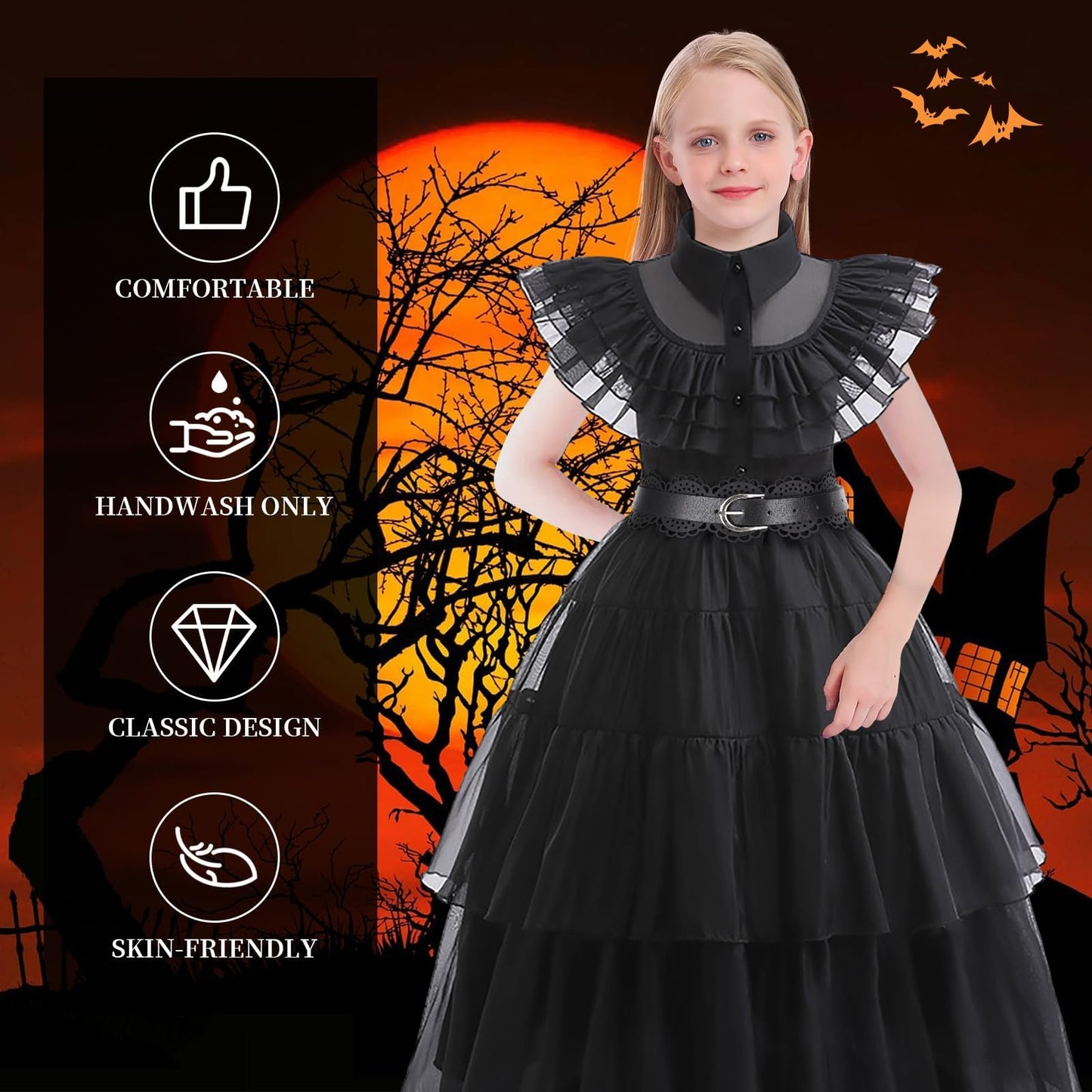 VIPten Dress for Kids Girls, Addams Family Cosplay Outfit Gothic Costumes for Halloween Birthday School Party (Black, 4-5 Years)