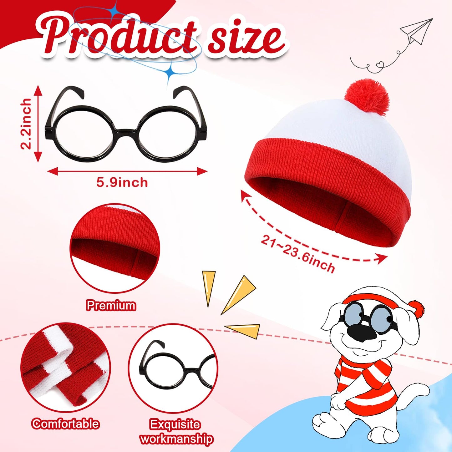 3PCS Men's Wally Costume Set,Cosplay Accessories Set with Red&White Stripe Long Sleeve Top Bobble Hat Black Nerd Glasses,90s Fancy Dress Costume for World Book Day Halloween Dress Up Day (Men, M)
