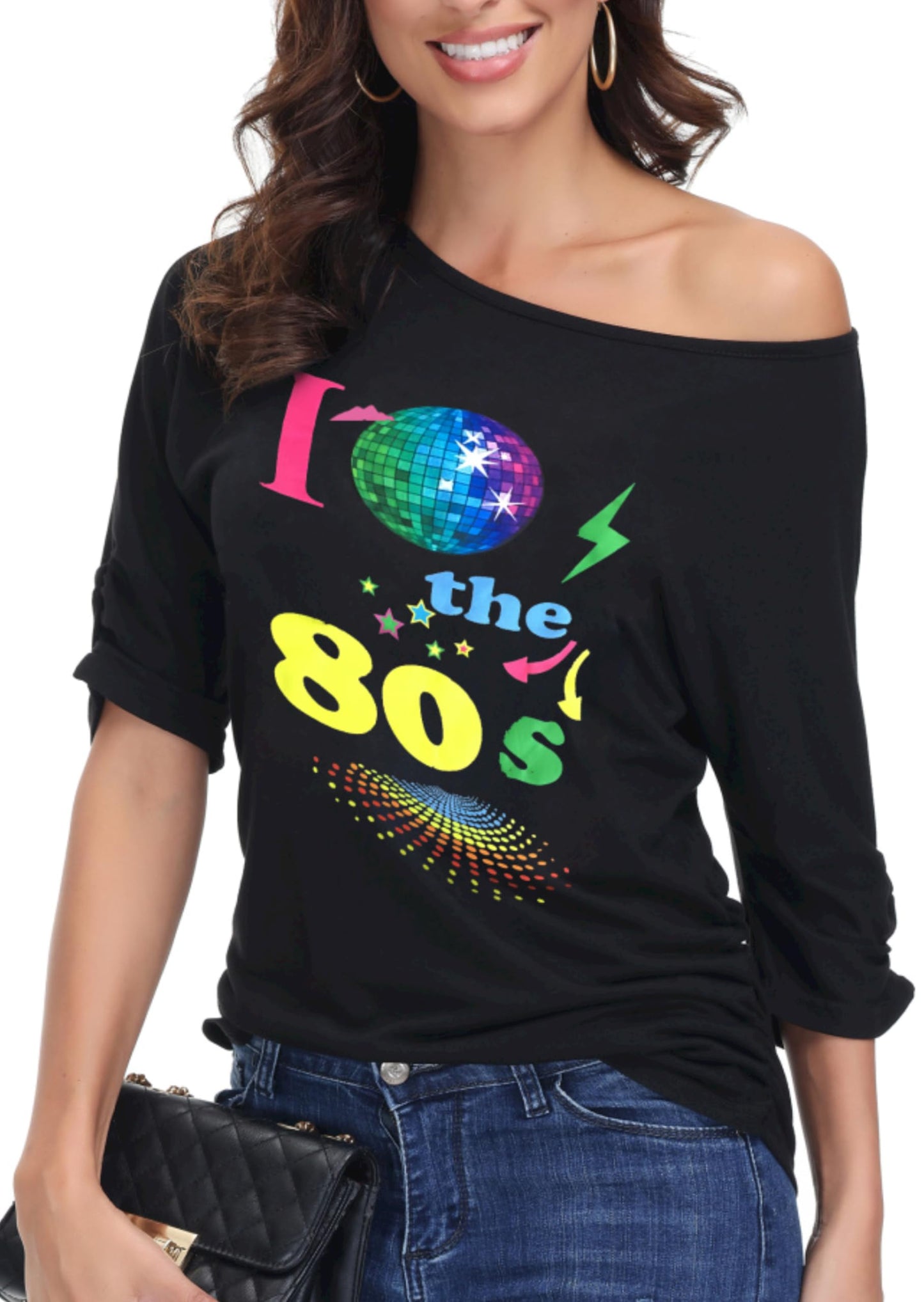 80s T Shirt Fancy Dress Costume for Women Off Shoulder Tops Sexy