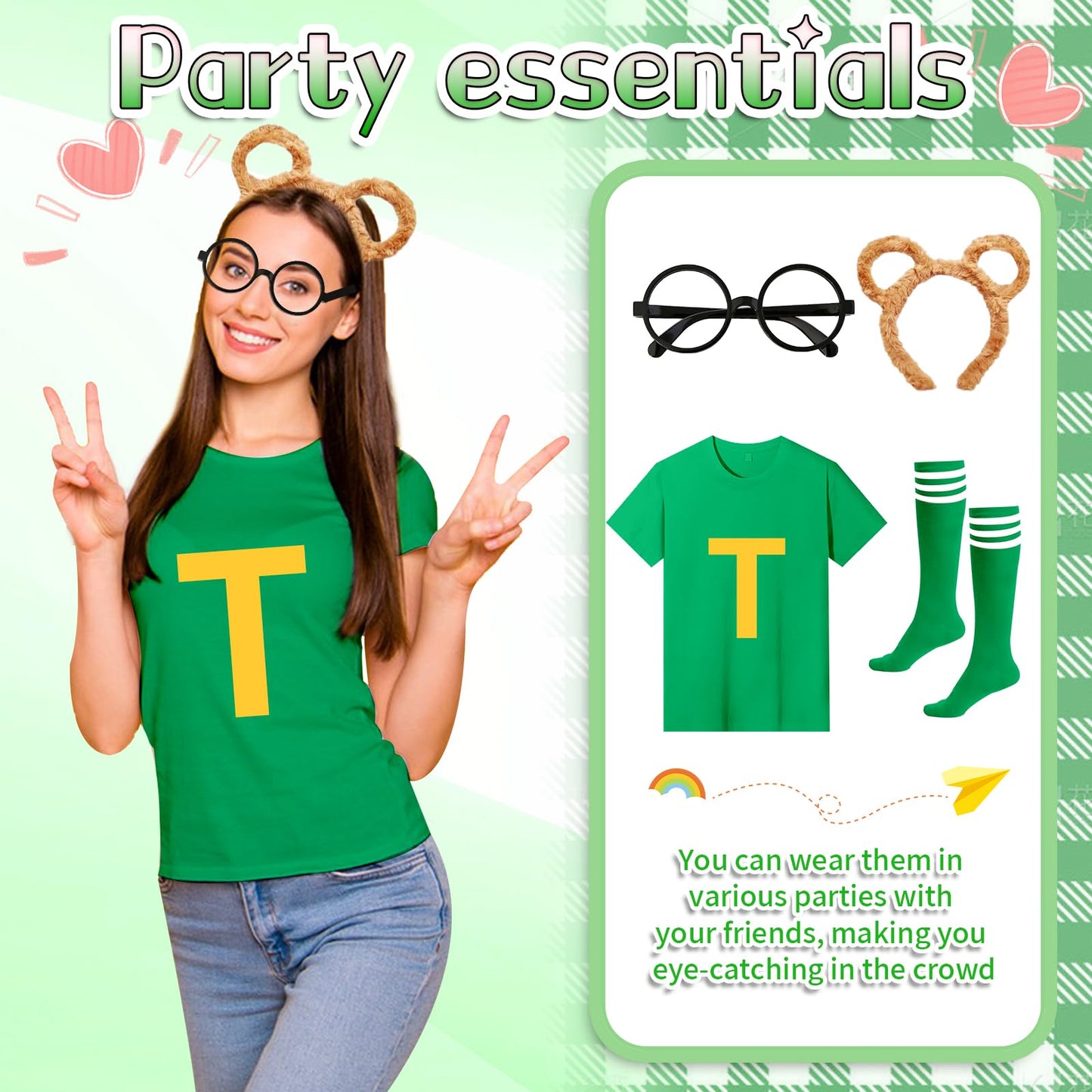 4Pcs Chipmunks Costumes Set with Chipmunk Headband Glasses T-shirt Soccer Socks, Chipmunks Fancy Dress Outfit Party Animal Cosplay for Adults Teens World Book Day Halloween Dress Up (Green, L)