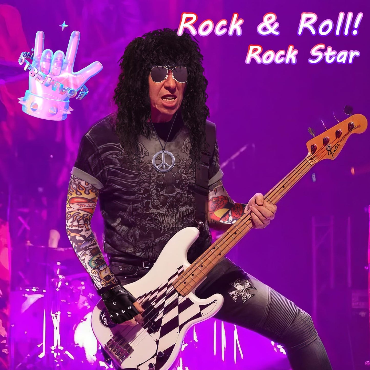 8 Pcs Rockstar Fancy Dress, Glam 80s 90s Men Costume Outfit with Heavy Metal Wigs Vintage Headband Sunglasses Gloves Tattoo Sleeves Necklaces Rock Hard Rocker Accessories World Book Day Costumes