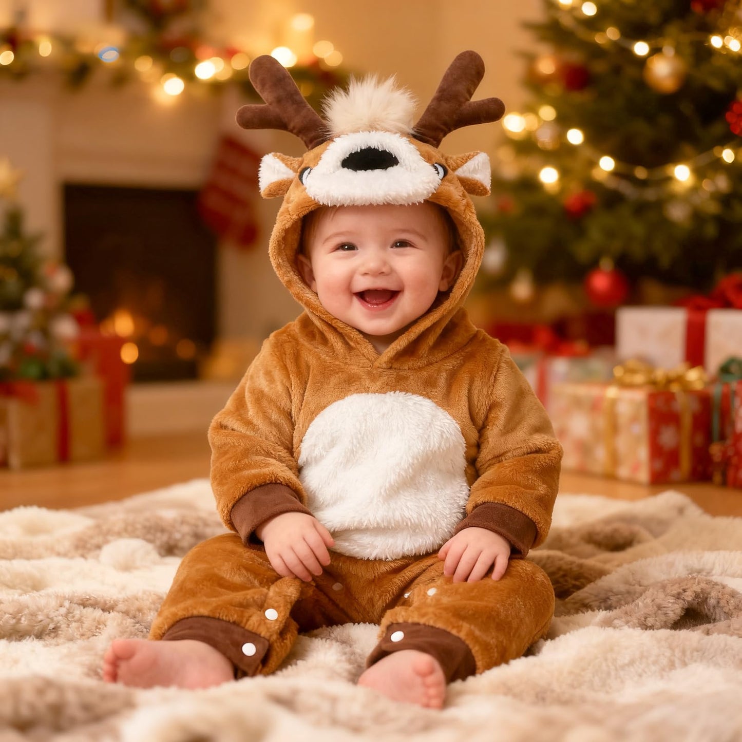 Beipegin Baby Deer Costume Boys Girls Infant Animal Romper Jumpsuit Newborn Hooded Flannel Reindeer Onesie Baby Christmas Halloween Costume