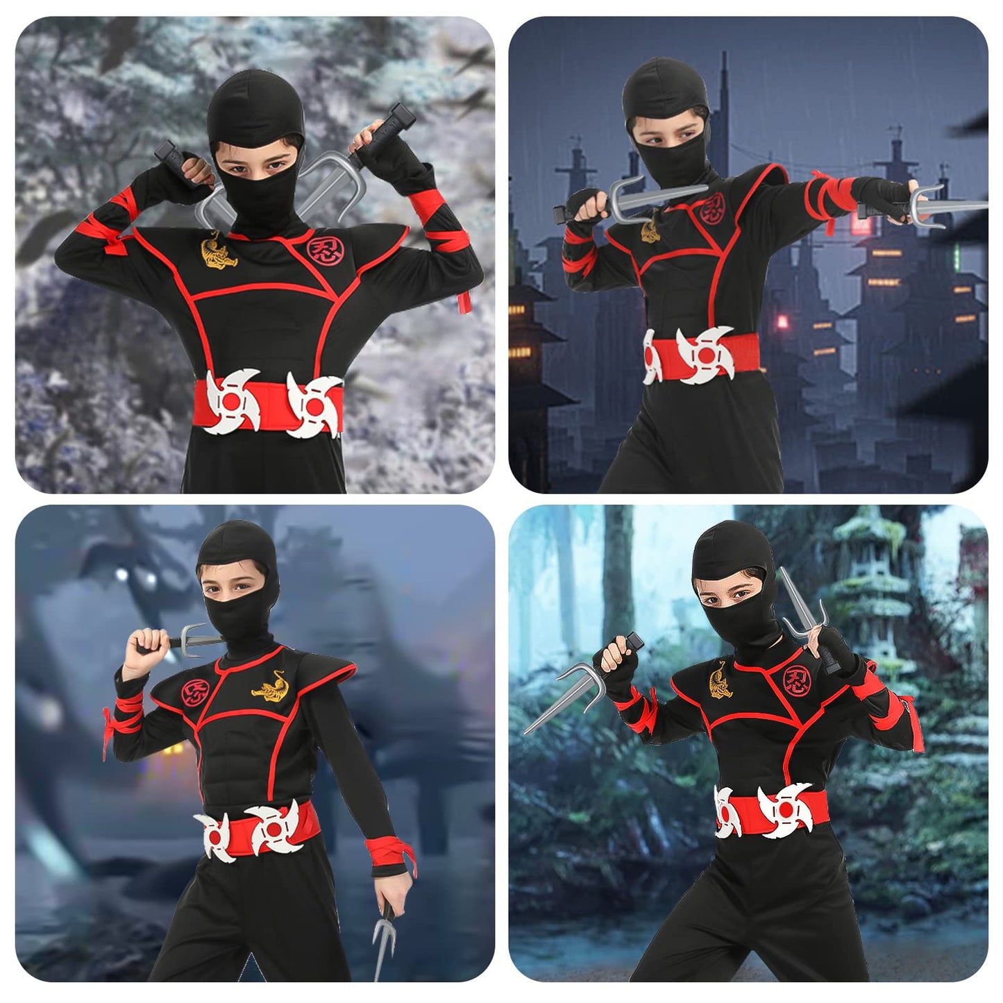 Aomig Kids Halloween Fancy Dress Costume with Ninja Accessories, Warrior Muscle Costume for Boys Girls, Luxury Role Play Outfit for Halloween Cosplay Theme Party (L)