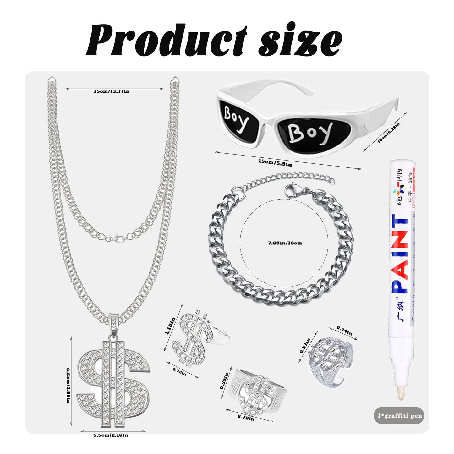 DONGZQAN 8PCS Soulja Boy Hip Hop Costume, 2000s Rapper Chain Costume, Gold Chain Dollar, 90s Fancy Dress Men, Hip Hop Costume, Hip Hop Ring, Hippie Glasses For Hippie Rapper Disco Outfit