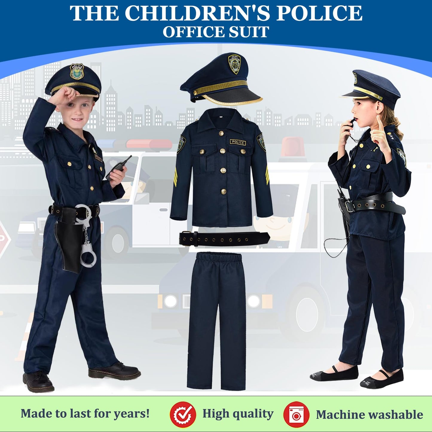 Amtum Police Costume Kids Policeman Uniform Kids Police Officer Costume With Cop Pretend Play Accessories For Halloween Dress Up Set Role Play Officer,Blue-XS