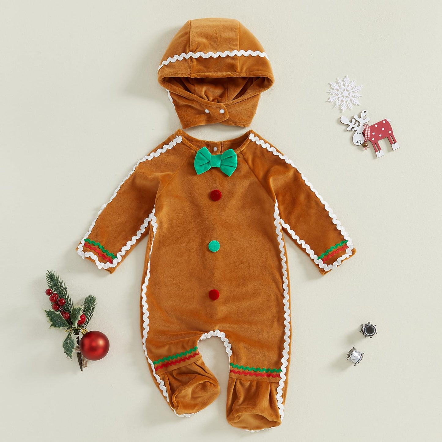 RUINIXCW Toddler Baby Boys Gingerbread Rompers Costumes Long Sleeve Jumpsuits Plush Bowtie with Hat Infant Christmas Outfits (Brown, 0-3 Months)