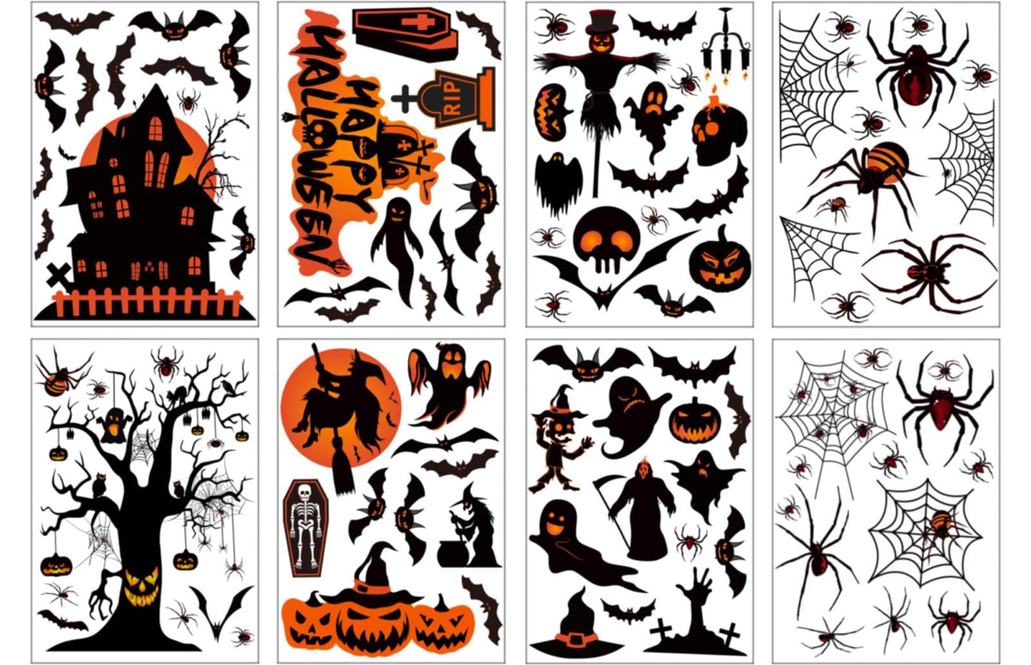 Halloween Decorations | 8 Sheet Halloween Window Stickers Clings Decals | Double Sided Reuseable Bats Spider Ghost Pumpkin Halloween Party |