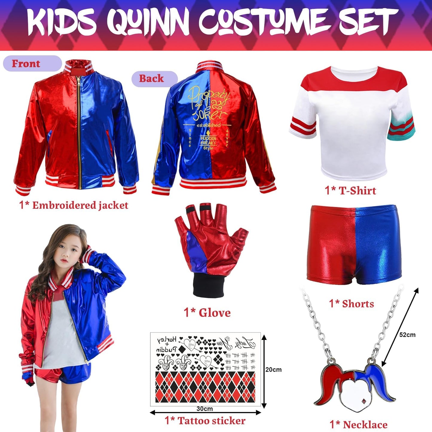 UxClishe 6 Pcs Costume Set, Costume Outfit Cosplay Fancy Dress with Jacket T-shirt Shorts Glove Necklace Temporary Tattoos Costume Kit for World Book Day Halloween Carnival Party