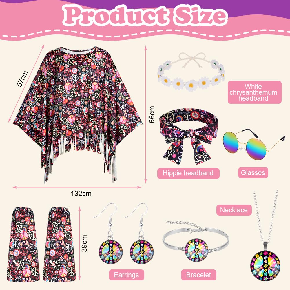 AOOWU Hippie Costume Accessories Set, 10 Pcs 70s Fancy Dress Women Disco Hippie Costume Outfits, Hippie Clothing Set with Hippie Cape Legs Sleeves Headband Sunglasses Earrings