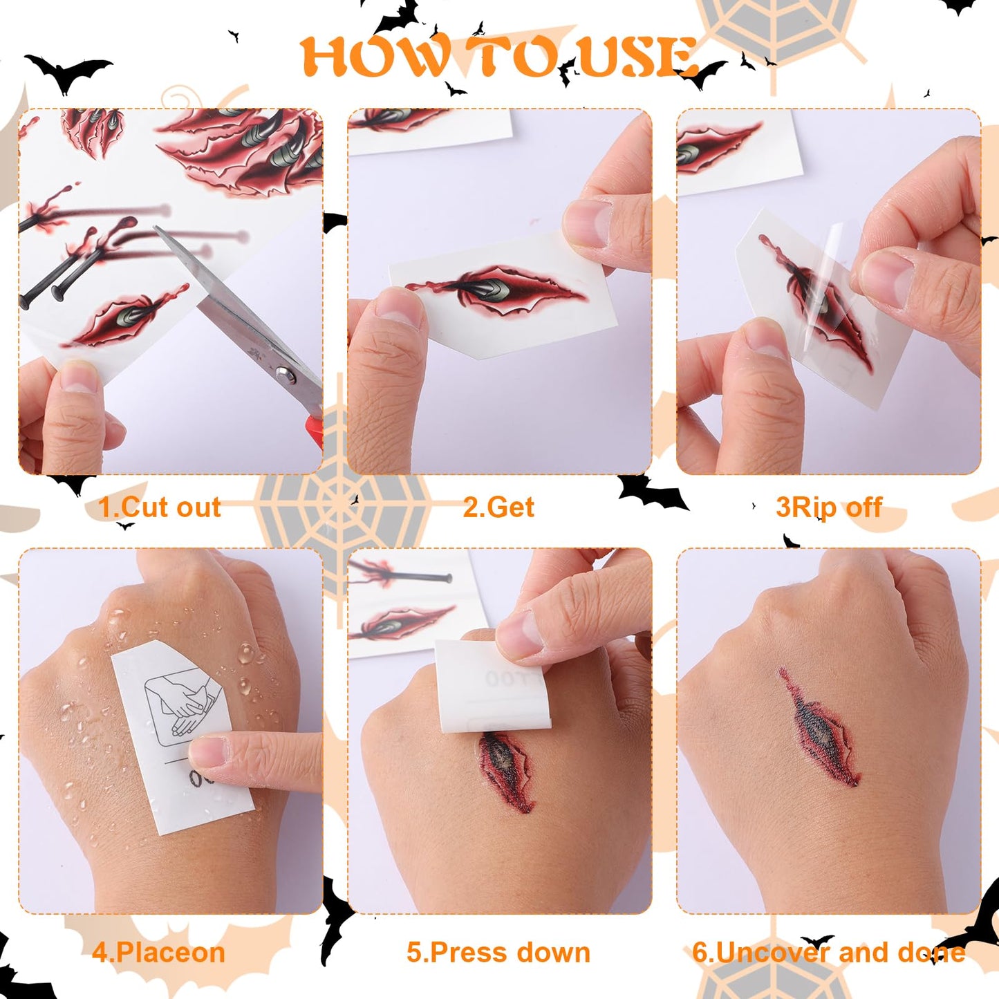 14Sheets Halloween Tattoo Stickers, Scar Temporary Bloody Wound Sticker, Waterproof Zombie Makeovers for Vampire Cosplay Masquerade Prank Makeup Decorations
