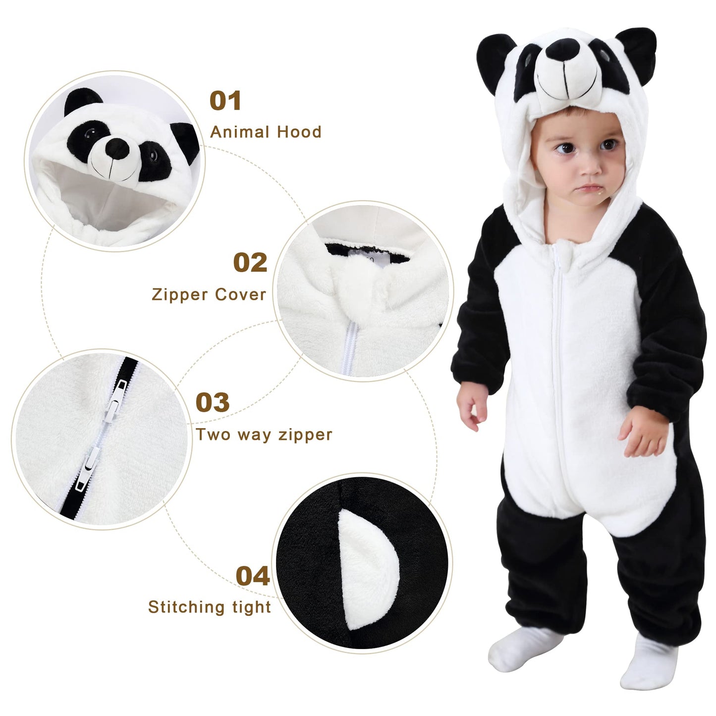 COOKY.D Infant Hooded Baby Rompers Animal Jumpsuit Soft Flannel Winter Cosplay Costume for Baby Girls Boys, 6-12 Months, Panda