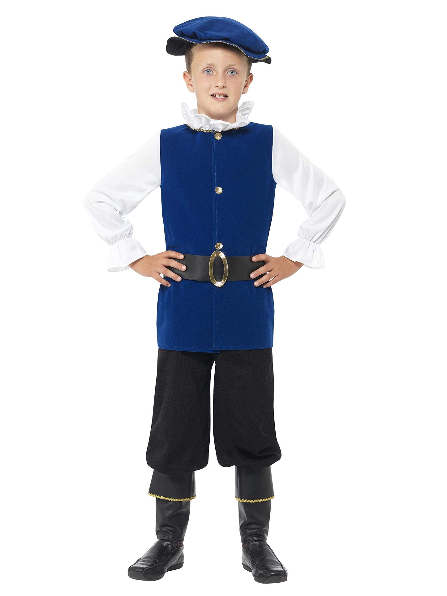 Smiffys Tudor Boy Costume, Royal Blue Top, Trousers with Boot Covers, Belt and Hat, Boys Fancy Dress, Child Dress Up Costumes