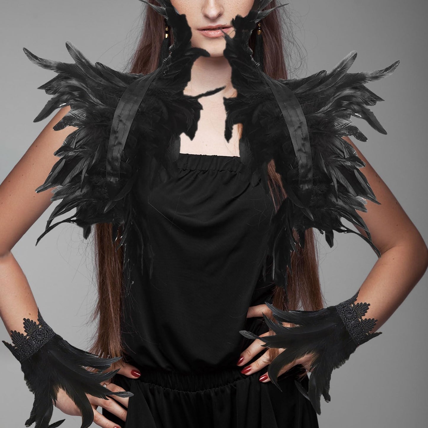 Women Natural Feather Cape with Wrist Cuffs Wristband Maleficent