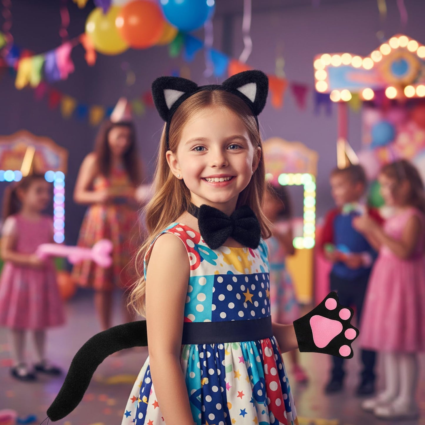Cat Ears and Tail - Cat Costume Set with Headband - Gloves - Bow (image 4)