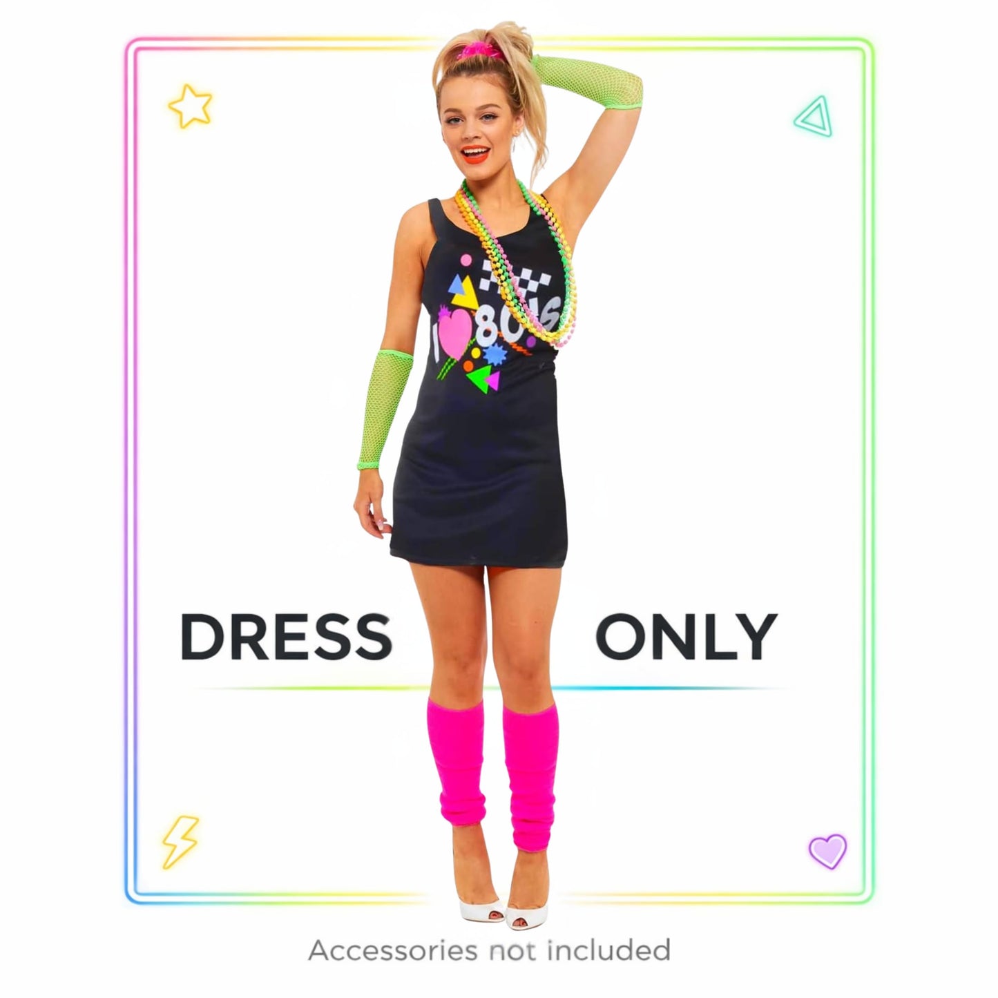SoWest Women’s I Love 80s Vest Dress – 1980s Neon Fancy Dress Sleeveless Costume for Retro Parties, Hen Nights & Dance Events | Casual Summer Outfit for 80s Theme, Cosplay & Party Wear - XL