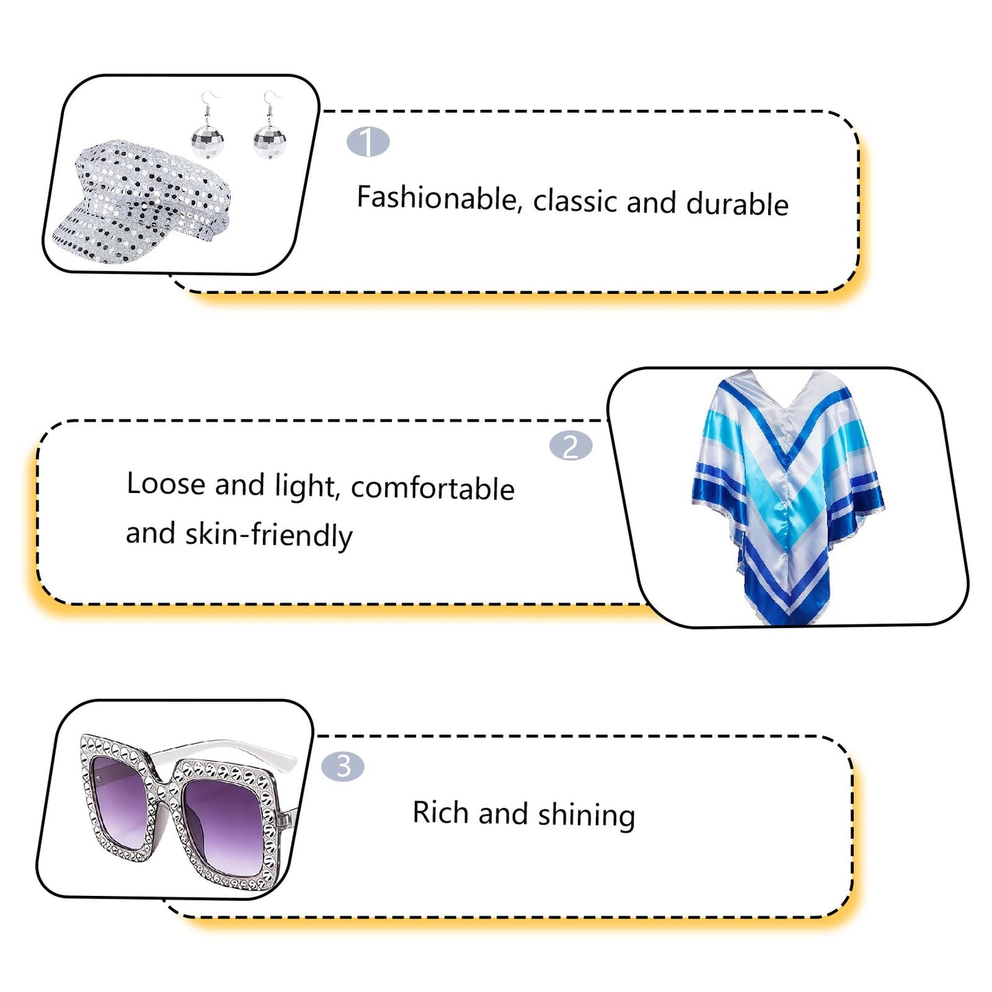 louuuou 70s Outfits For Women Halloween Costume 4pcs Set, Fancy Dress Costumes For Women Disco Party Poncho Cape With Silver Glitter Hat Glasses Earrings Fancy Dress