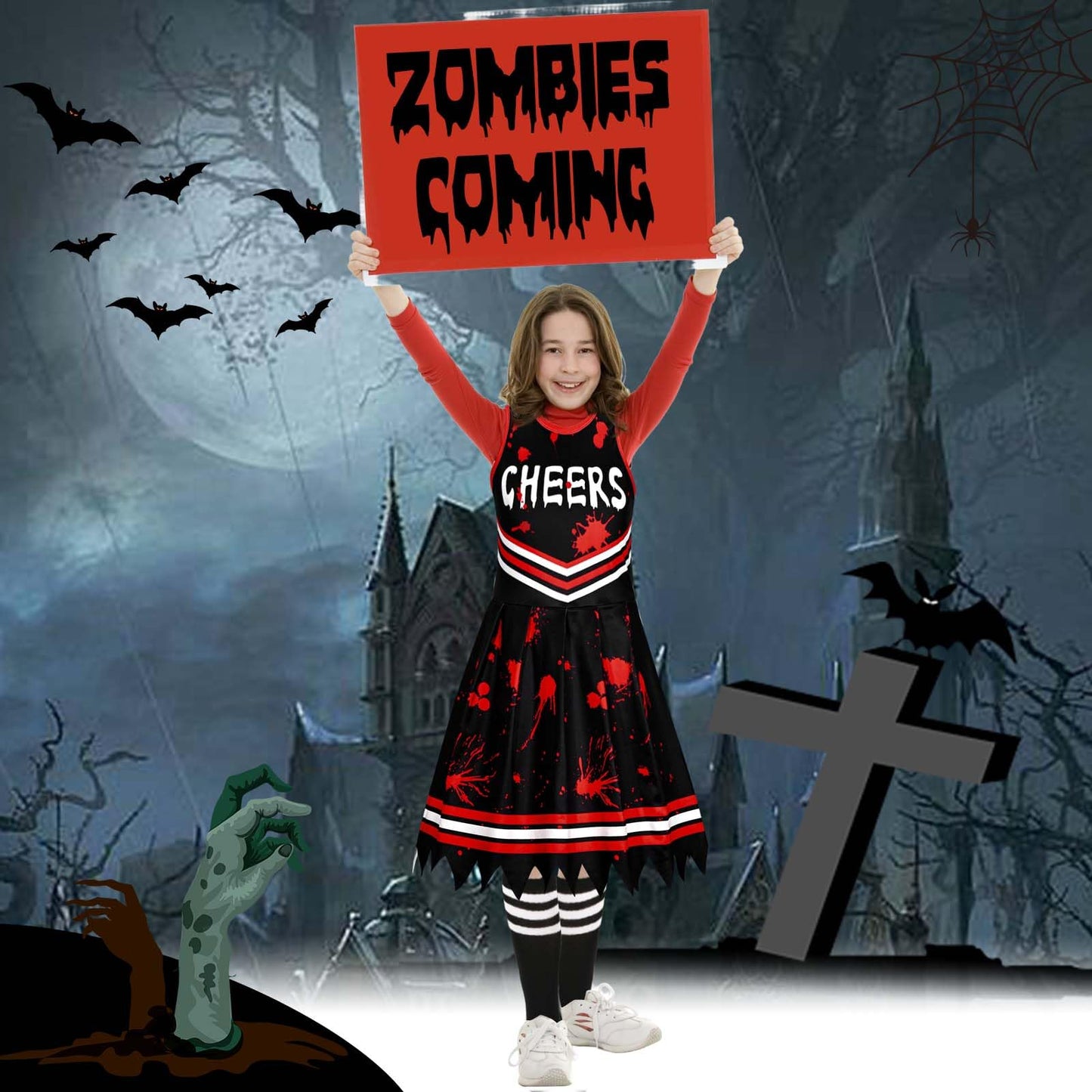 Kavoc 4Pcs Halloween Zombie Cheerleader Costume Accessories Including Black Red Skirt Bow Tie Socks (10-12Years Old)